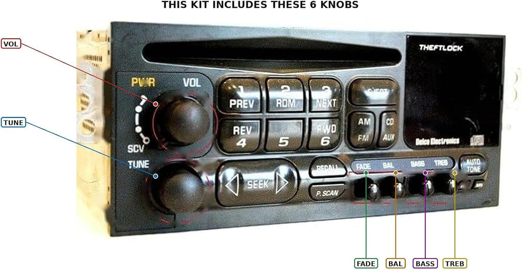 Replacement Radio Knob Kit for Select 1995-2005 Chevrolet and GMC Delco Stereos