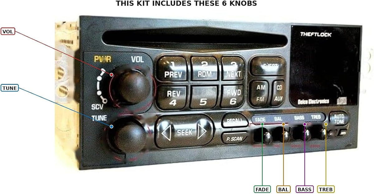Replacement Radio Knob Kit for Select 1995-2005 Chevrolet and GMC Delco Stereos