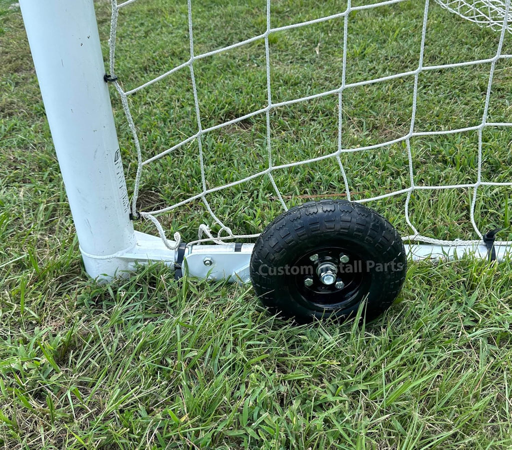 Soccer goal wheel kit installed on a Kwik Goal goal