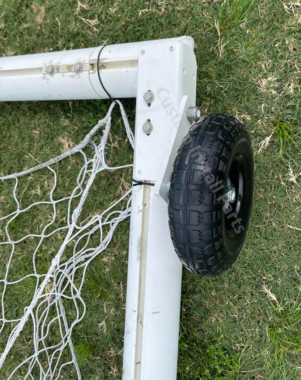 Soccer goal wheel kit installed on a Kwik Goal goal