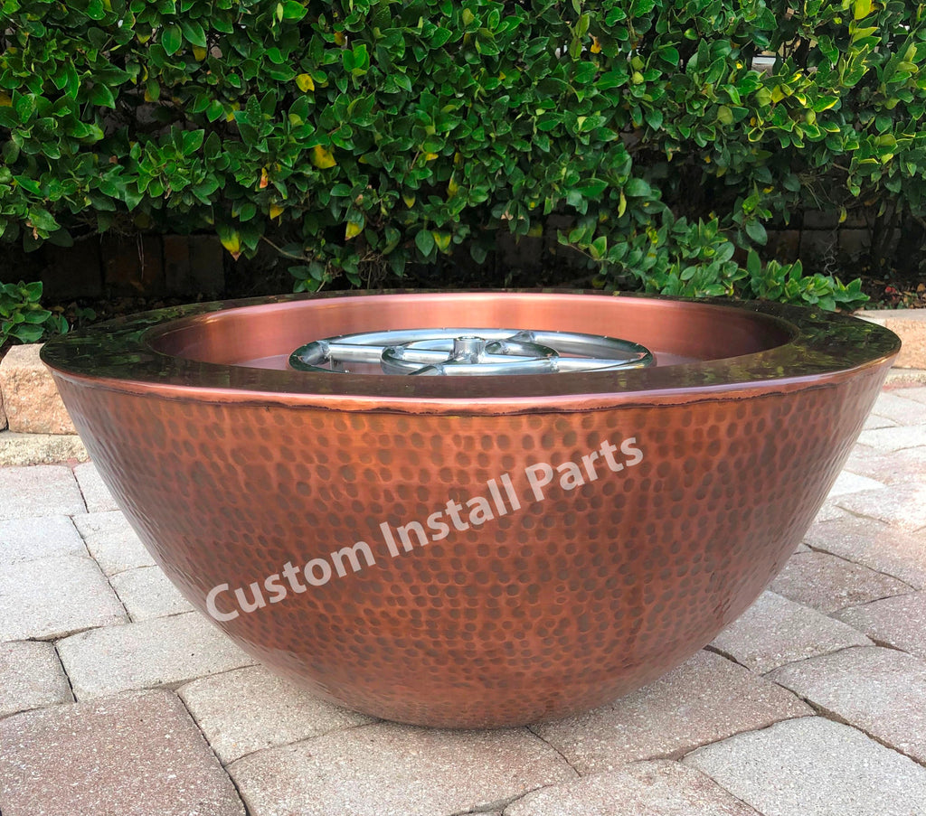 Hammered Copper Gas Fire Pit – Solid Copper, 18 to 30 Inch Square or 26 Inch Round, Fire Only or Fire and Water