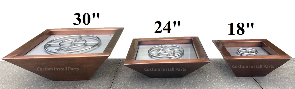 Hammered Copper Gas Fire Pit – Solid Copper, 18 to 30 Inch Square or 26 Inch Round, Fire Only or Fire and Water