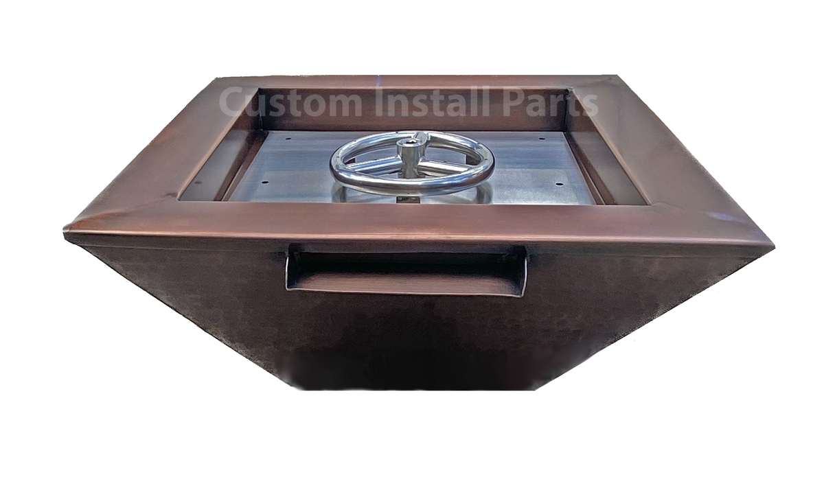18 inch square hammered copper fire pit with waterfall