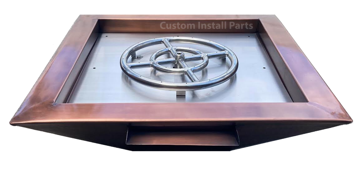 24 inch square hammered copper fire pit with waterfall