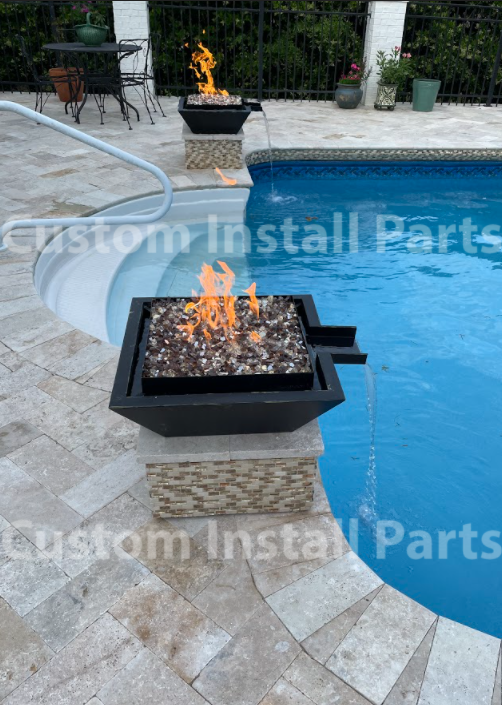 Stainless Steel Gas Fire and Water Bowl – 18 or 24 Inch, Stainless or Rustic Black, Pool Scupper