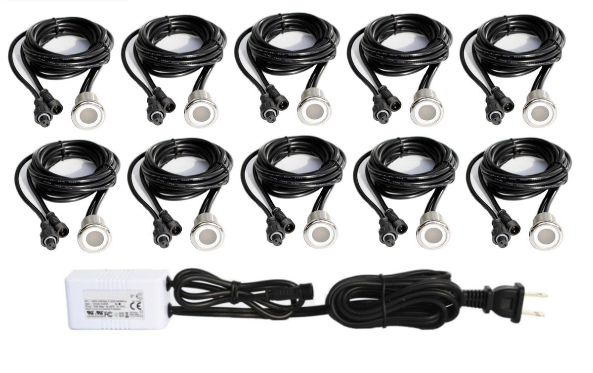 Stainless Steel LED Deck Lights – Flat, White, Recessed In-Ground, 6 or 10 Pack with Optional Transformer