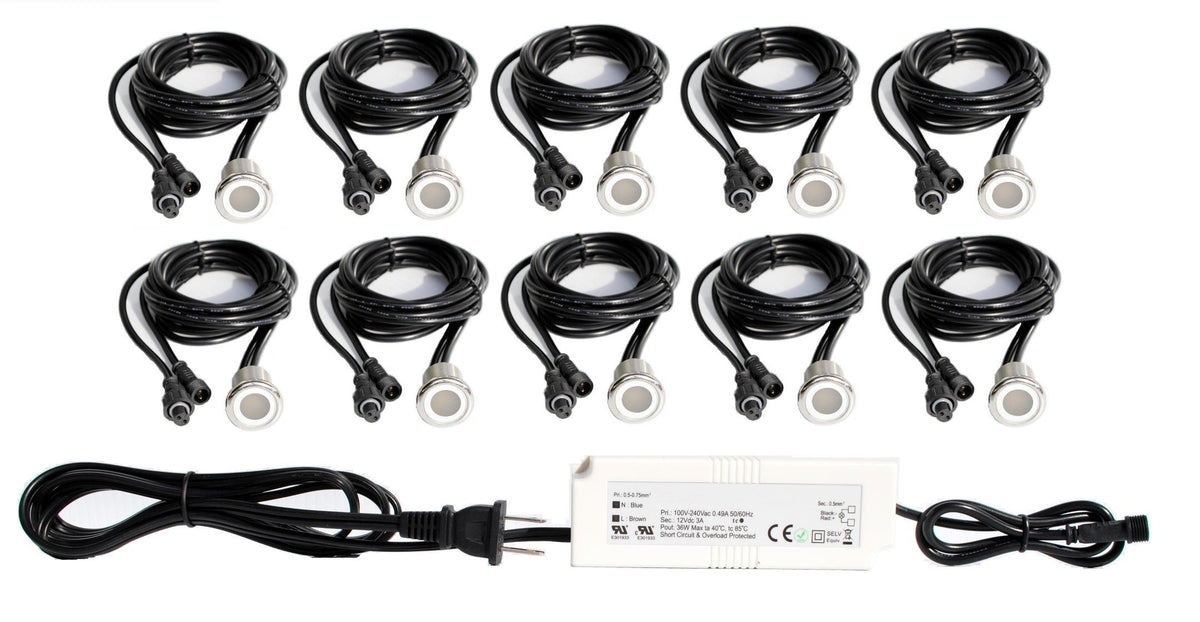 Stainless Steel LED Deck Lights – Flat, White, Recessed In-Ground, 6 or 10 Pack with Optional Transformer