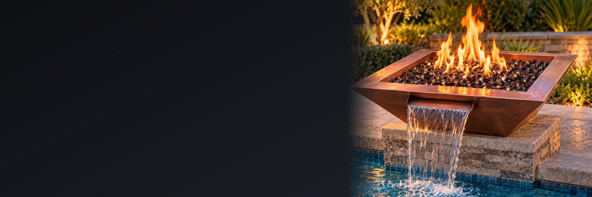 Square copper gas fire and water bowl with flames and a waterfall spilling into a pool